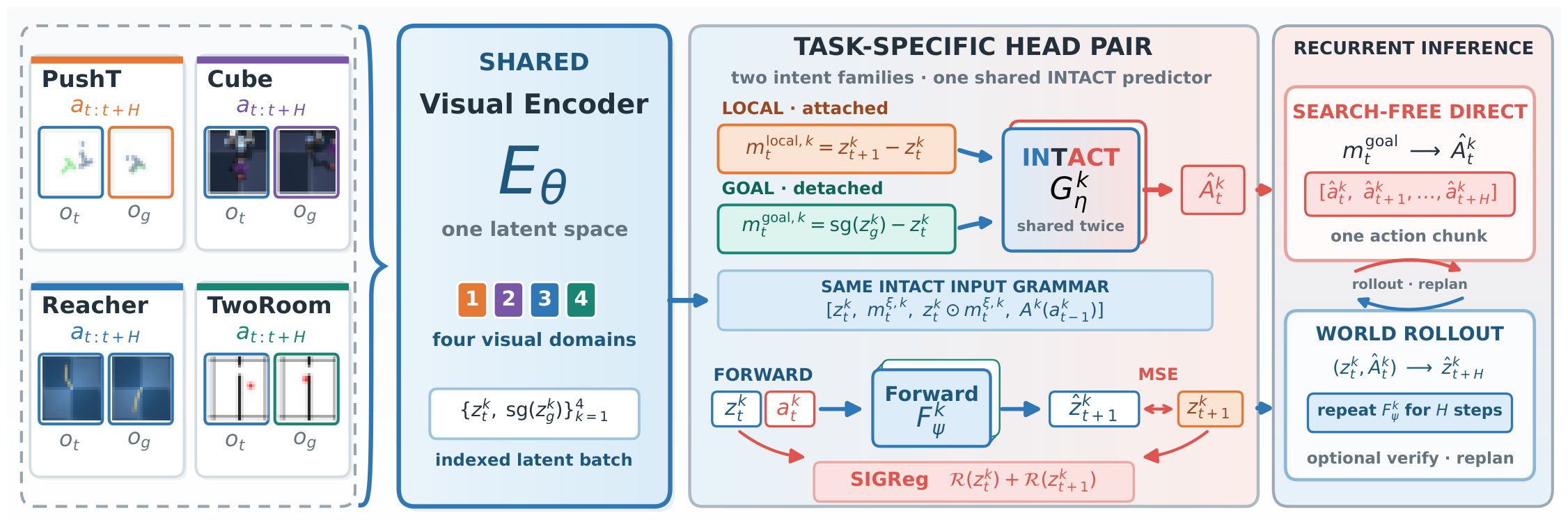 One visual encoder shared across four domains with task-specific forward and INTACT head pairs